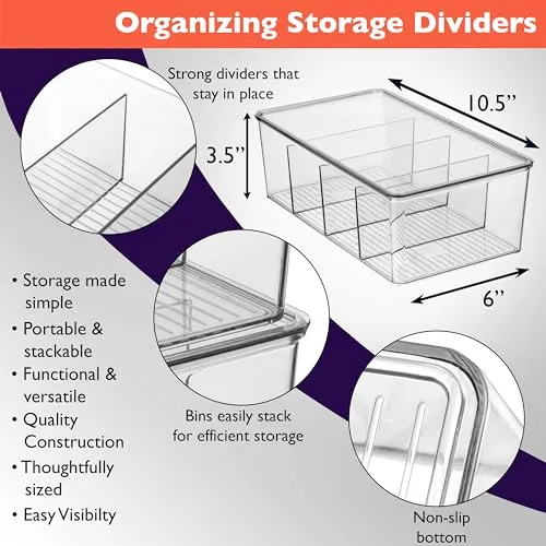 10" x 6" x 3" Clear Plastic Storage Bins with Dividers and Lids
