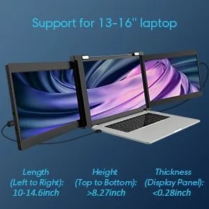 12 Inch Triple Portable Monitor 2023 FOPO 1080P FHD IPS Attachable Triple Screen Extender Grey Color