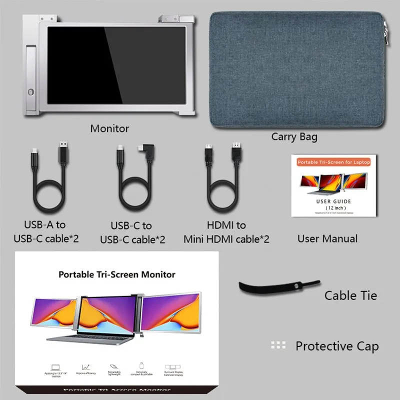 12 Inch Triple Portable Monitor 2023 FOPO 1080P FHD IPS Attachable Triple Screen Extender Grey Color