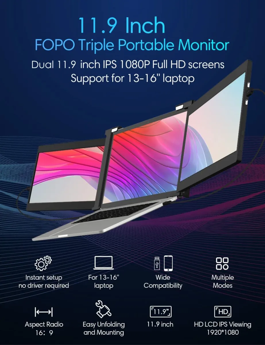 12 Inch Triple Portable Monitor 2023 FOPO 1080P FHD IPS Attachable Triple Screen Extender Grey Color