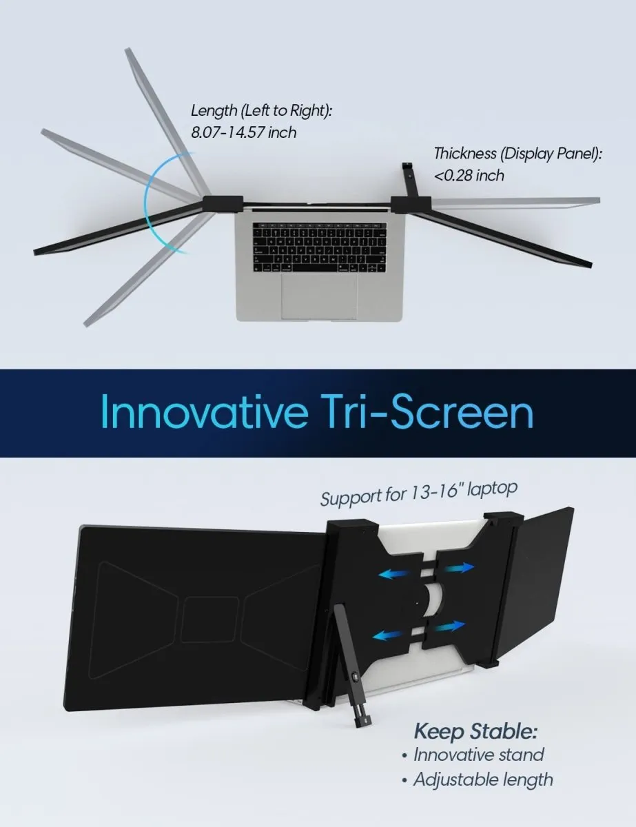 12 Inch Triple Portable Monitor 2023 FOPO 1080P FHD IPS Attachable Triple Screen Extender Grey Color