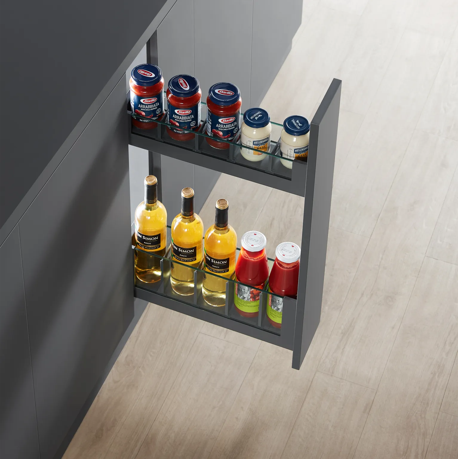 150mm Glass Pull-Out Storage – Sleek Space-Saving Kitchen Organiser