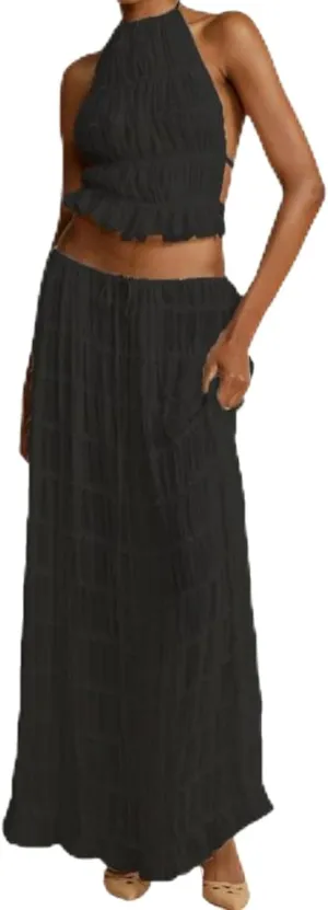2 Piece Maxi Skirt Set for Women 2024 Sleeveless Ruched Lace Up Halter Tops Flowy Long Skirt Summer Beachwear