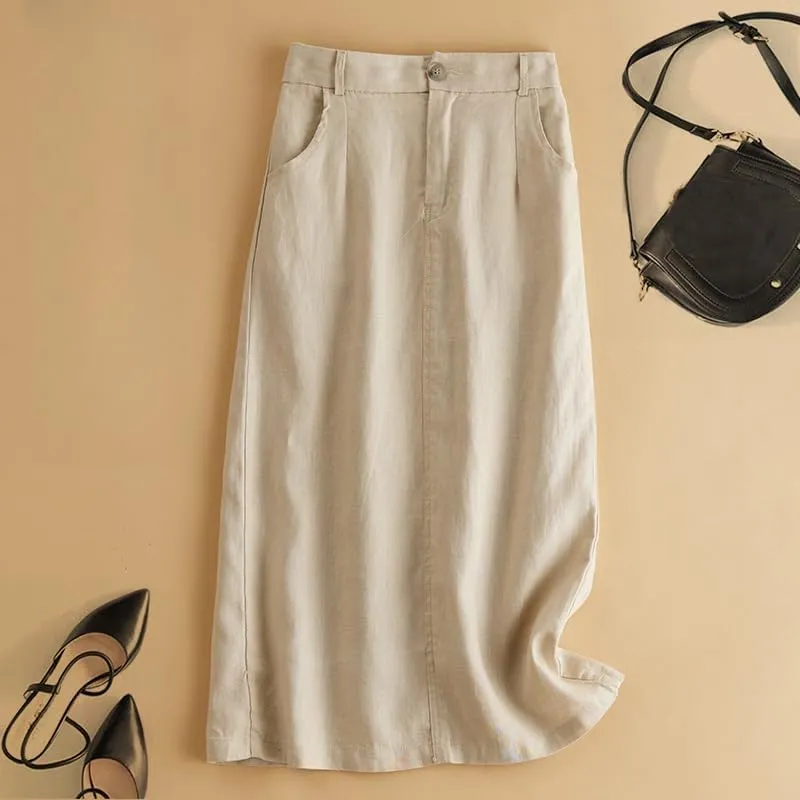 2025 Summer Vacation Midi Skirts for Women Casual Solid Color A Line Button Front Skirt with Pockets