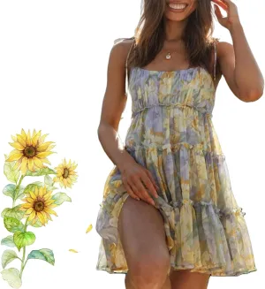2025Summer Women Floral Mini Dress Spaghetti Strap Ruffle Tiered Dress, Cute Y2K Chiffon Flowy A Line Babydoll Short Dresses