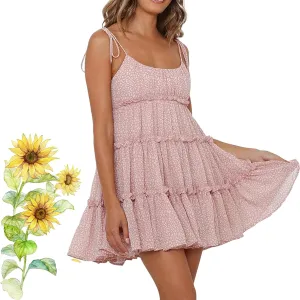 2025Summer Women Floral Mini Dress Spaghetti Strap Ruffle Tiered Dress, Cute Y2K Chiffon Flowy A Line Babydoll Short Dresses