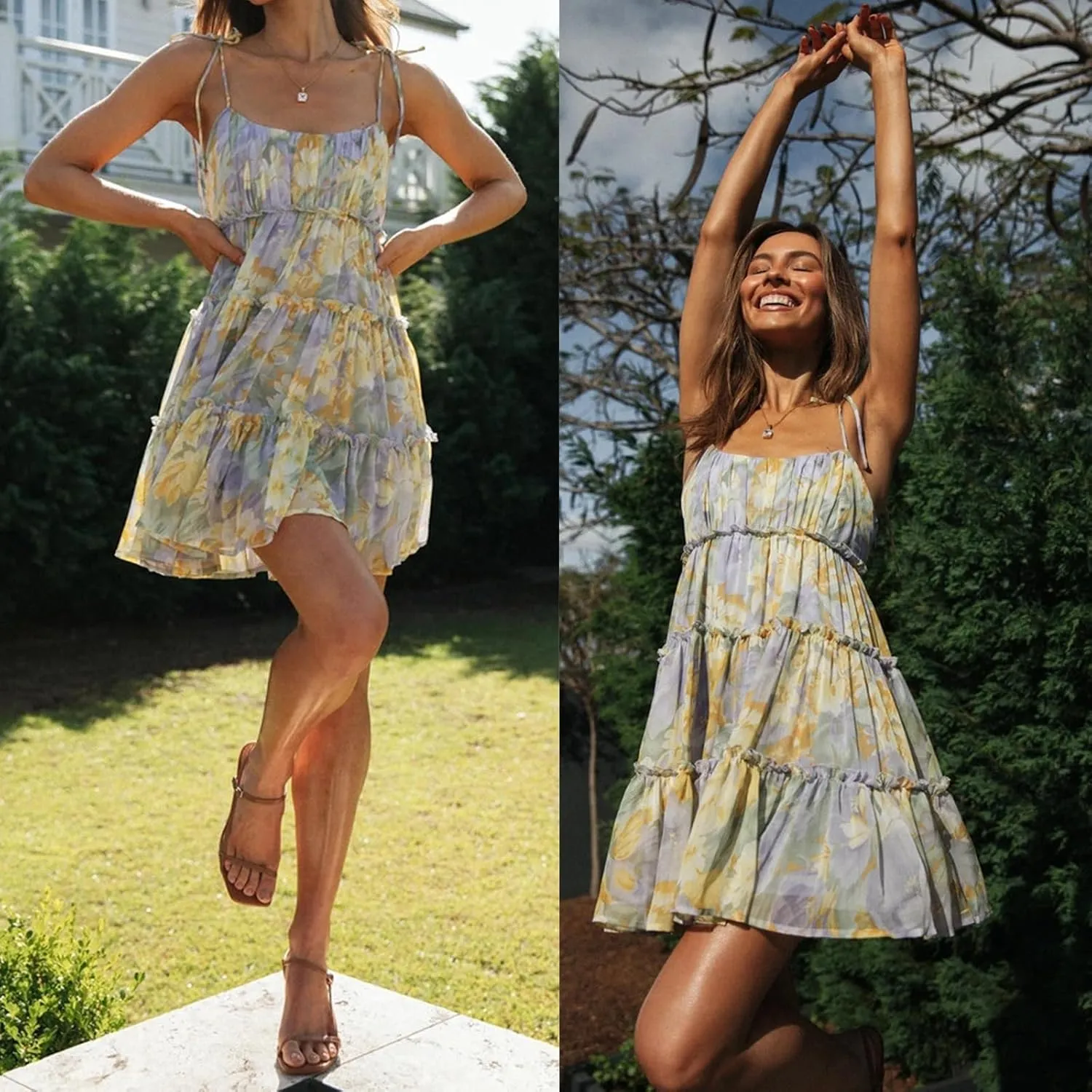 2025Summer Women Floral Mini Dress Spaghetti Strap Ruffle Tiered Dress, Cute Y2K Chiffon Flowy A Line Babydoll Short Dresses