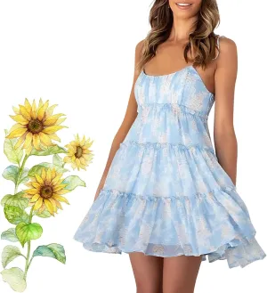 2025Summer Women Floral Mini Dress Spaghetti Strap Ruffle Tiered Dress, Cute Y2K Chiffon Flowy A Line Babydoll Short Dresses