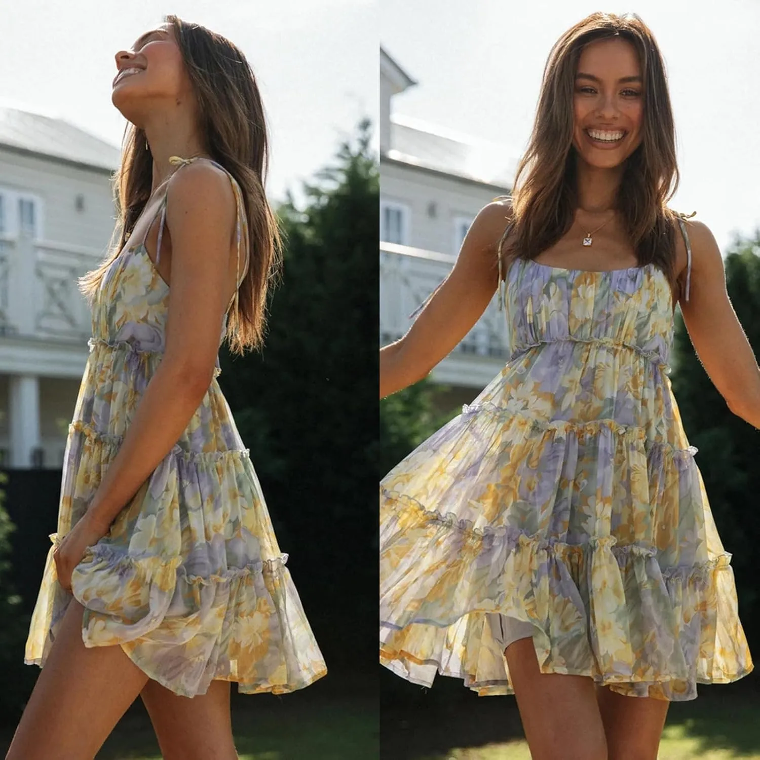 2025Summer Women Floral Mini Dress Spaghetti Strap Ruffle Tiered Dress, Cute Y2K Chiffon Flowy A Line Babydoll Short Dresses