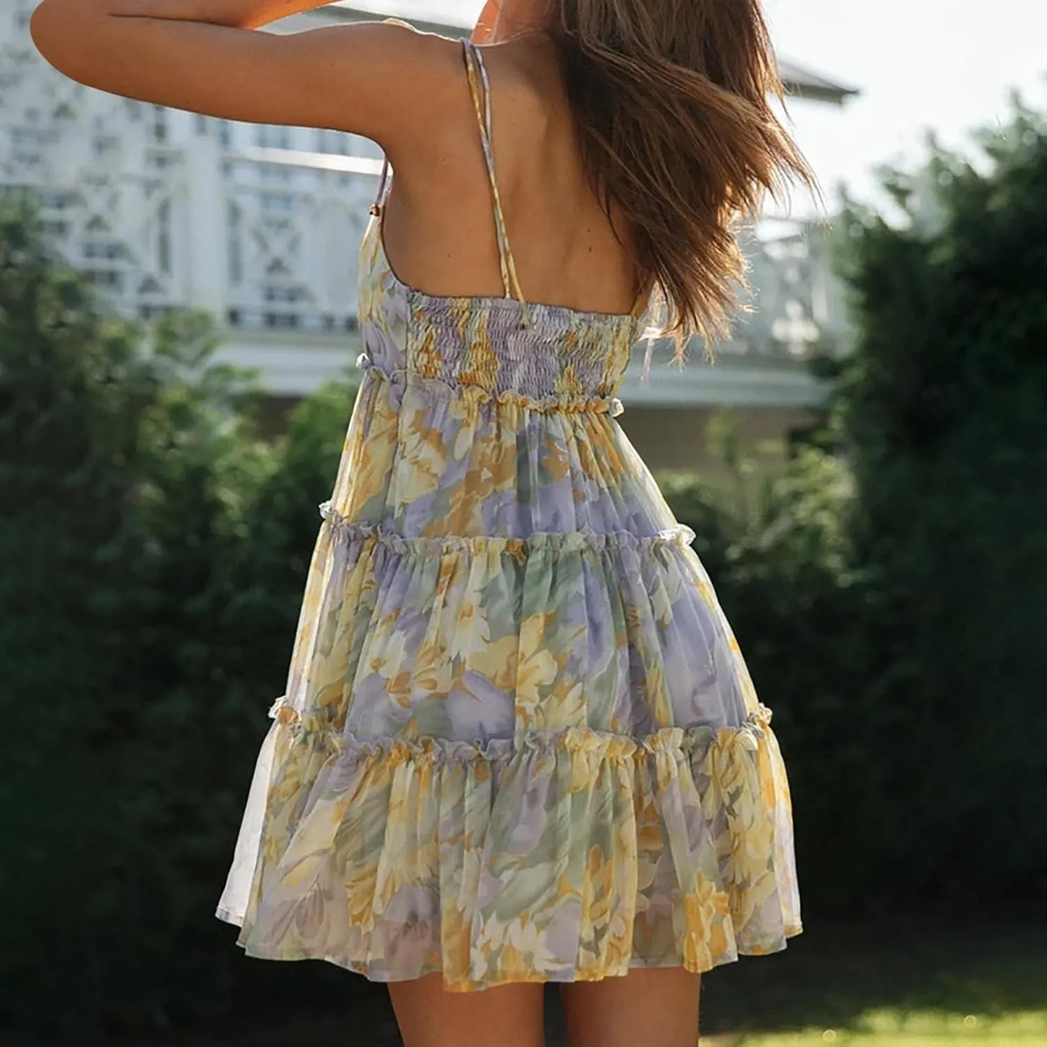 2025Summer Women Floral Mini Dress Spaghetti Strap Ruffle Tiered Dress, Cute Y2K Chiffon Flowy A Line Babydoll Short Dresses