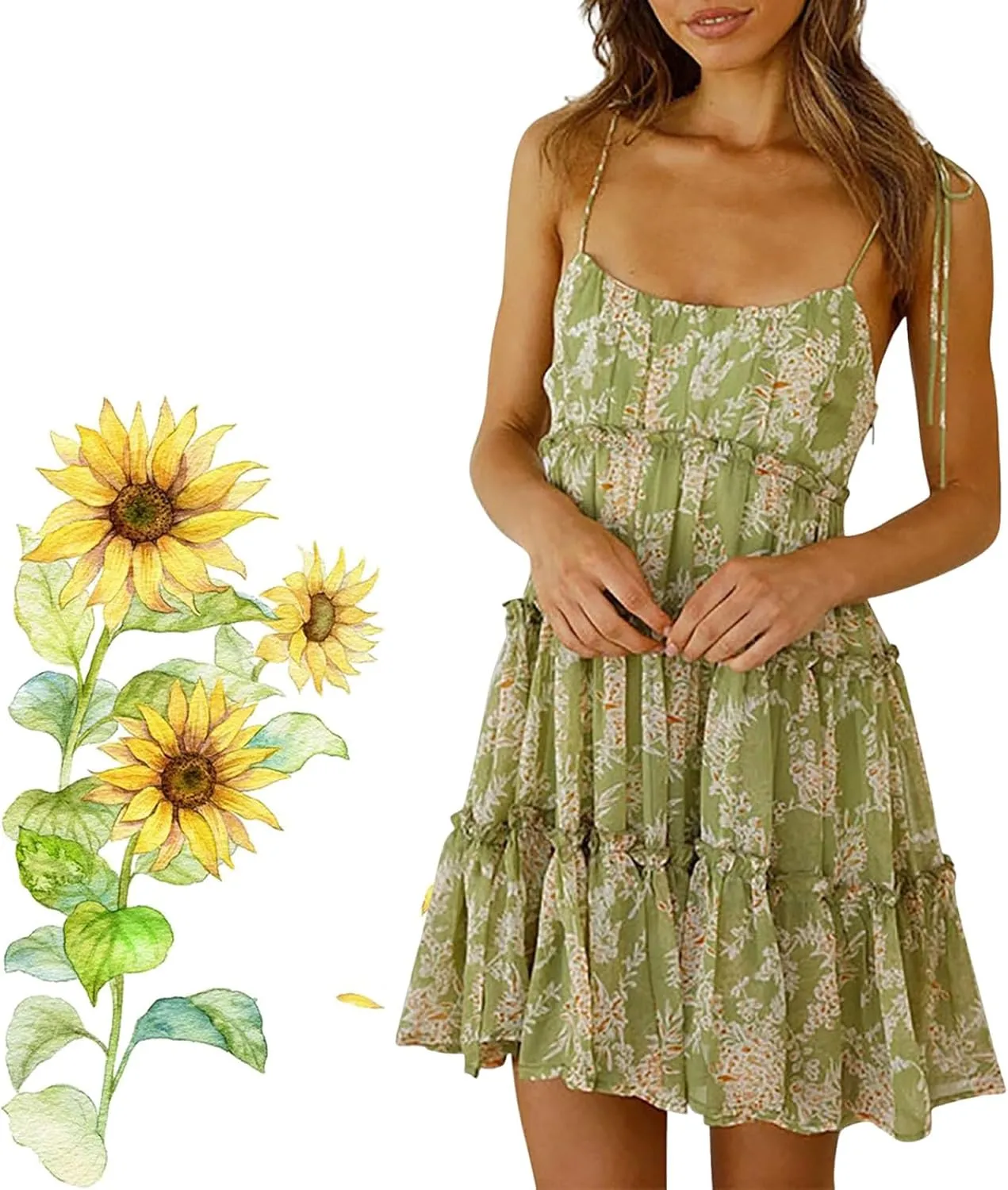 2025Summer Women Floral Mini Dress Spaghetti Strap Ruffle Tiered Dress, Cute Y2K Chiffon Flowy A Line Babydoll Short Dresses