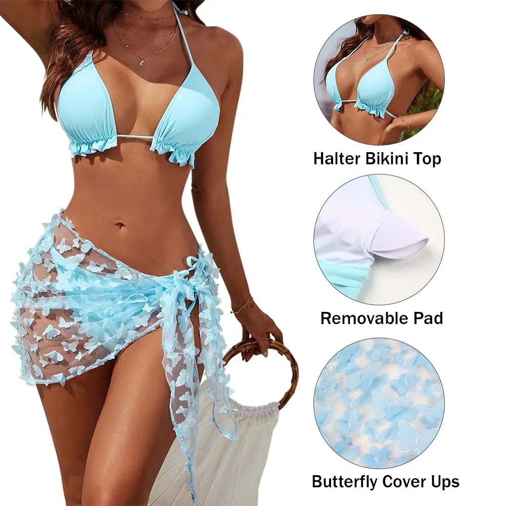 3 Piece Pastel Butterfly Bikini and Sheer Sarong