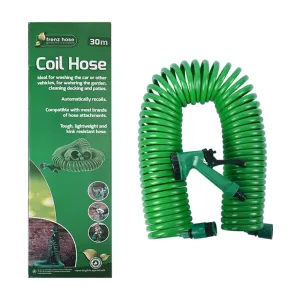 30m Retractable Spring Garden Hose with 5-Function Spray Gun | EVA Burst-Proof Watering Hose for Car Washing
