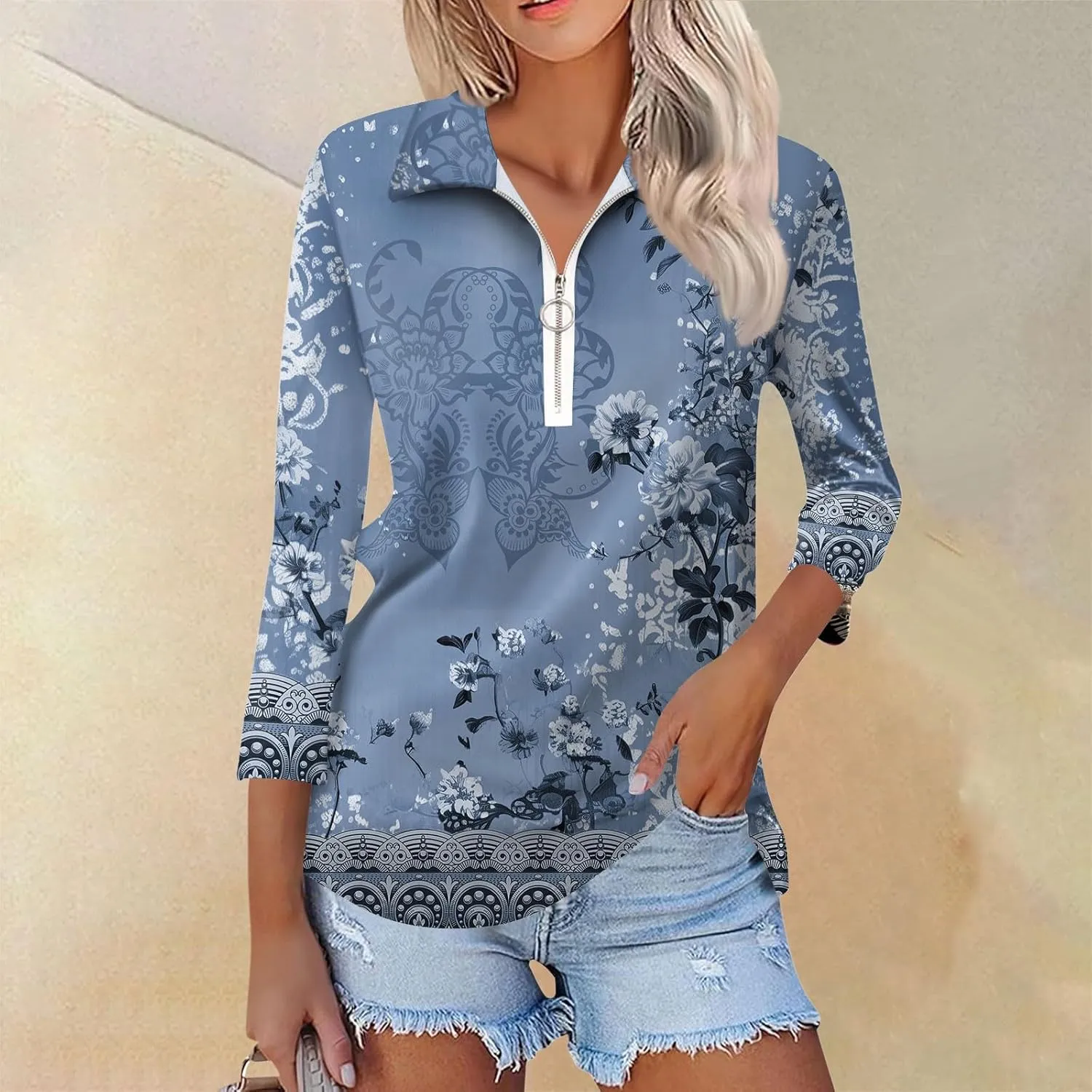 3/4 Length Sleeve Shirts for Women 2024 Trendy 1/2 Zipper Collar Lapel Tops Plain Color Tees Tunic Blouses Clothing