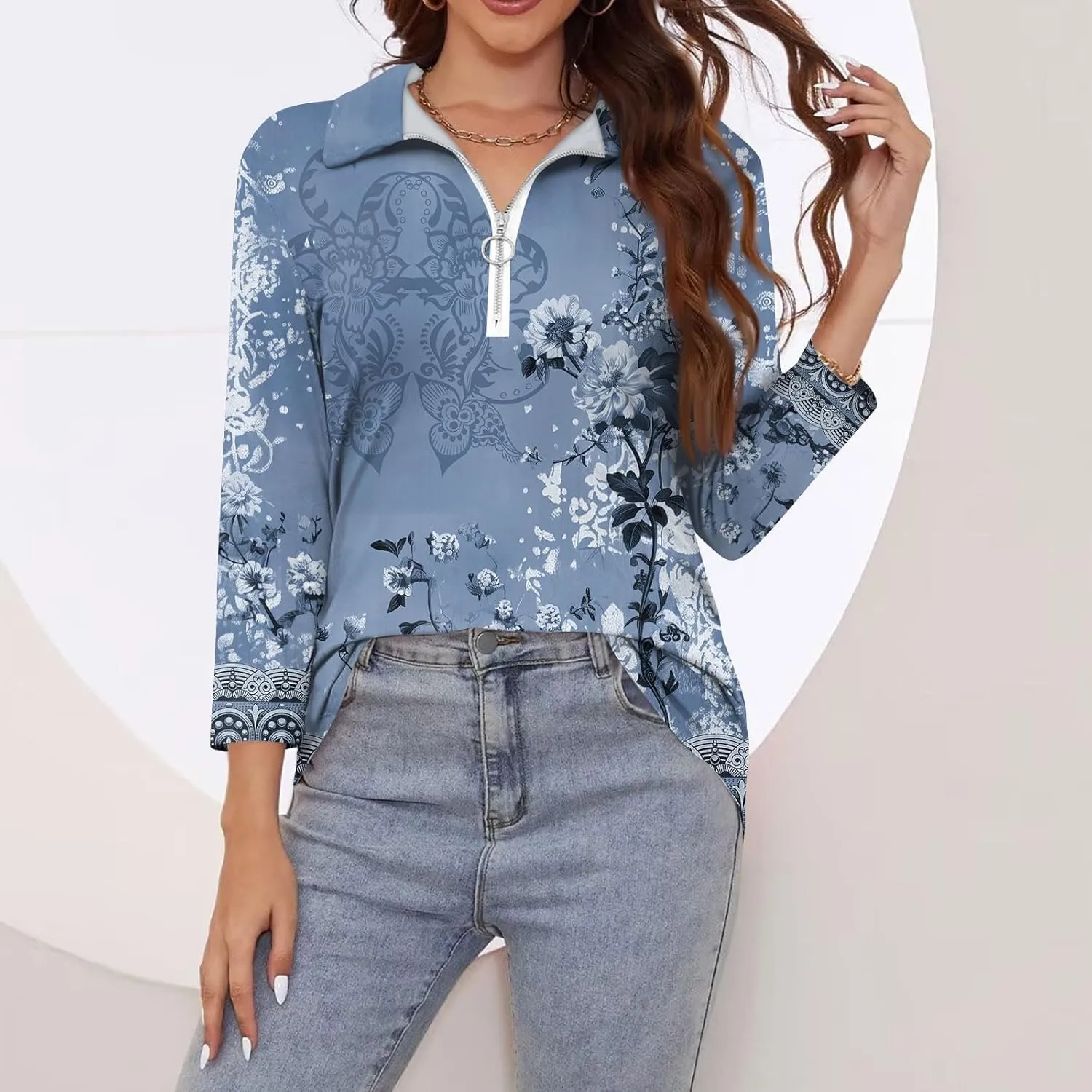 3/4 Length Sleeve Shirts for Women 2024 Trendy 1/2 Zipper Collar Lapel Tops Plain Color Tees Tunic Blouses Clothing