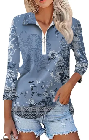 3/4 Length Sleeve Shirts for Women 2024 Trendy 1/2 Zipper Collar Lapel Tops Plain Color Tees Tunic Blouses Clothing