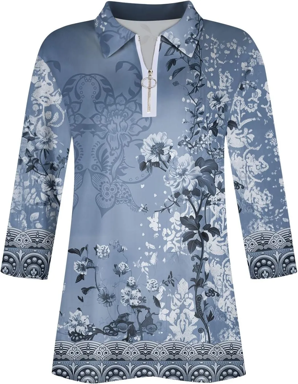 3/4 Length Sleeve Shirts for Women 2024 Trendy 1/2 Zipper Collar Lapel Tops Plain Color Tees Tunic Blouses Clothing