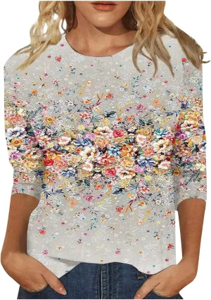 3/4 Length Sleeve Womens Tops 2025 Summer Print Round Neck Shirts Loose Fit Casual Three Quarter Sleeve Tshirts