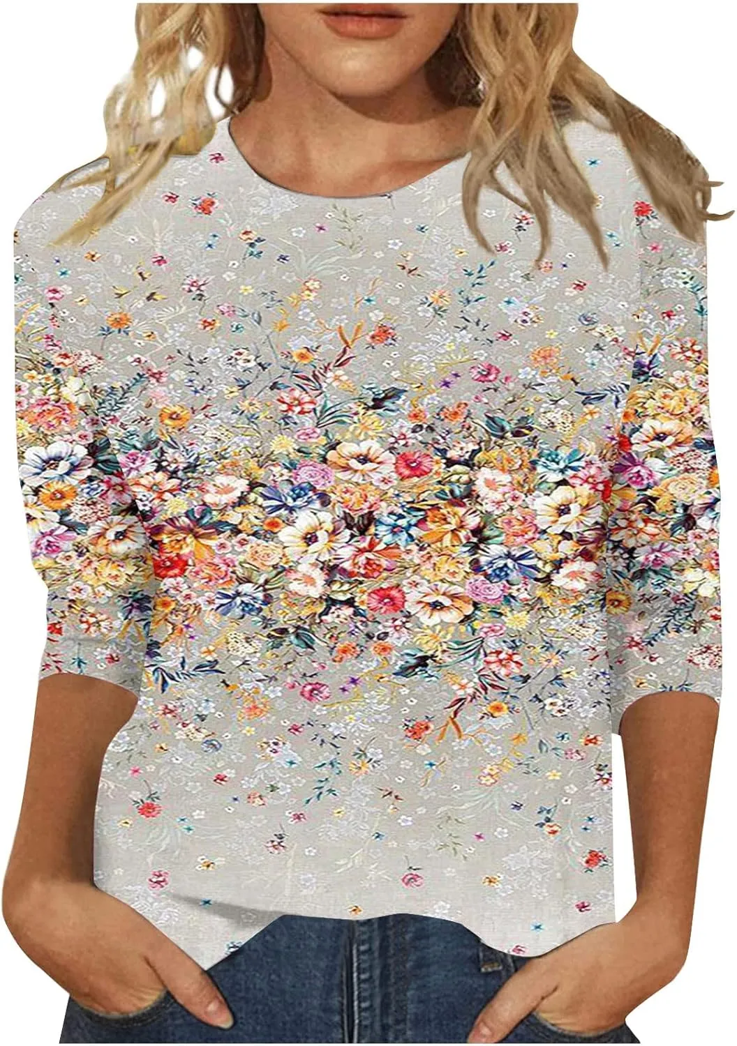 3/4 Length Sleeve Womens Tops 2025 Summer Print Round Neck Shirts Loose Fit Casual Three Quarter Sleeve Tshirts