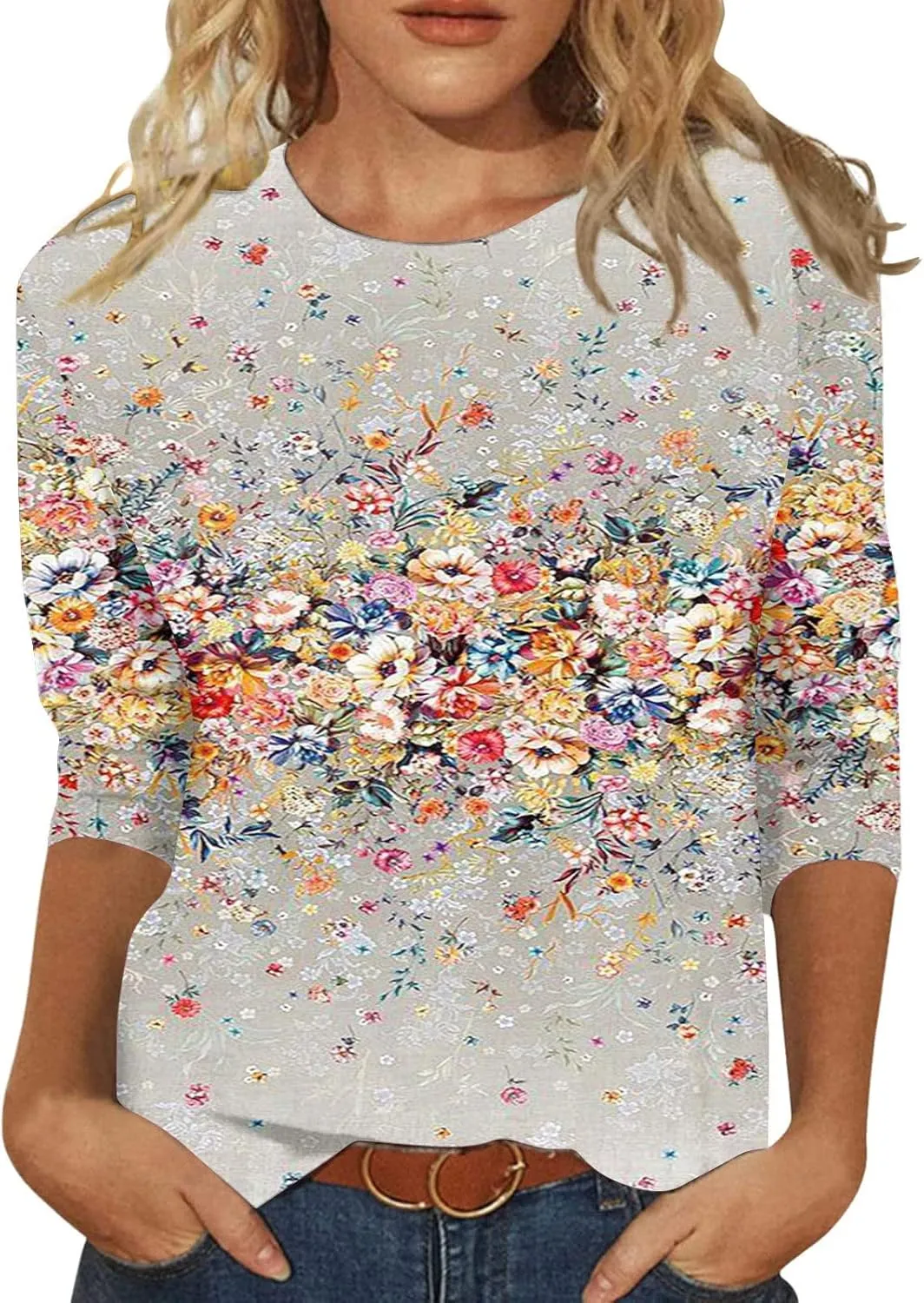 3/4 Length Sleeve Womens Tops 2025 Summer Print Round Neck Shirts Loose Fit Casual Three Quarter Sleeve Tshirts