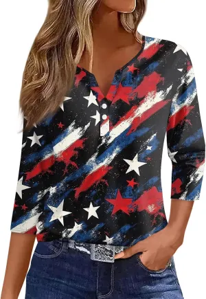 3/4 Length Sleeve Womens Tops Henley V Neck Summer Shirts Casual Elbow Length Button Down Shirt Floral Print Blouses