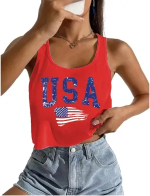 4th of July Crop Tops for Women Funny American Flag Shirts Tank Tops Outfits