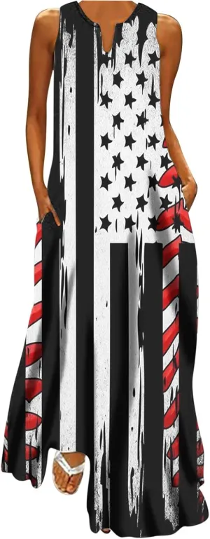 4th of July Maxi Long Dresses for Women 2023 Casual Summer Sleeveless Flowy Tank Sundress Star Stripes Patriotic Dress