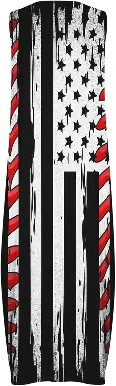 4th of July Maxi Long Dresses for Women 2023 Casual Summer Sleeveless Flowy Tank Sundress Star Stripes Patriotic Dress