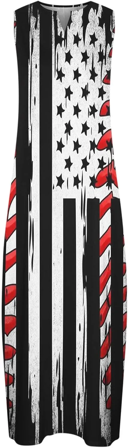 4th of July Maxi Long Dresses for Women 2023 Casual Summer Sleeveless Flowy Tank Sundress Star Stripes Patriotic Dress