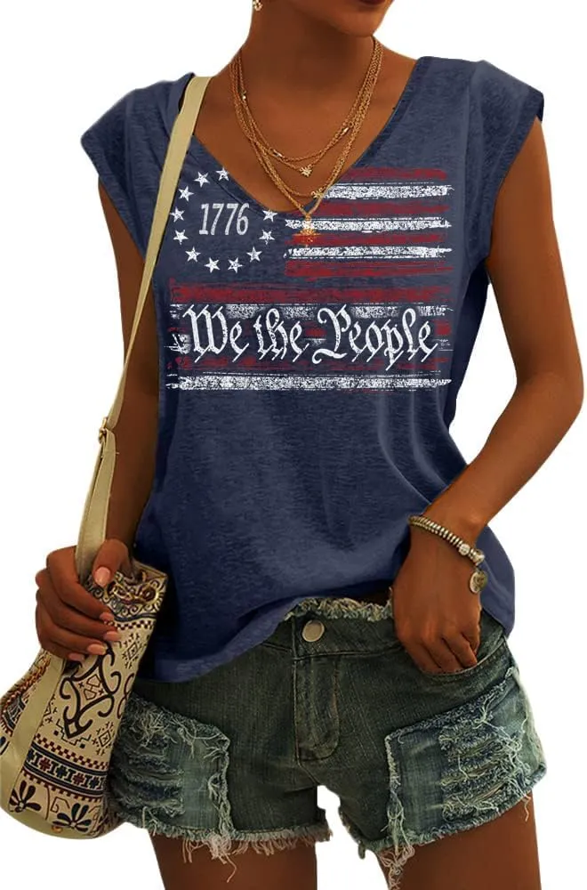 4th of July Shirt for Women 1776 Cap Sleeve Tank Tops American Flag Summer Scoop Neck Tops