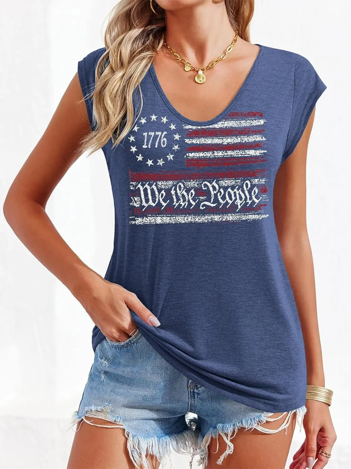 4th of July Shirt for Women 1776 Cap Sleeve Tank Tops American Flag Summer Scoop Neck Tops