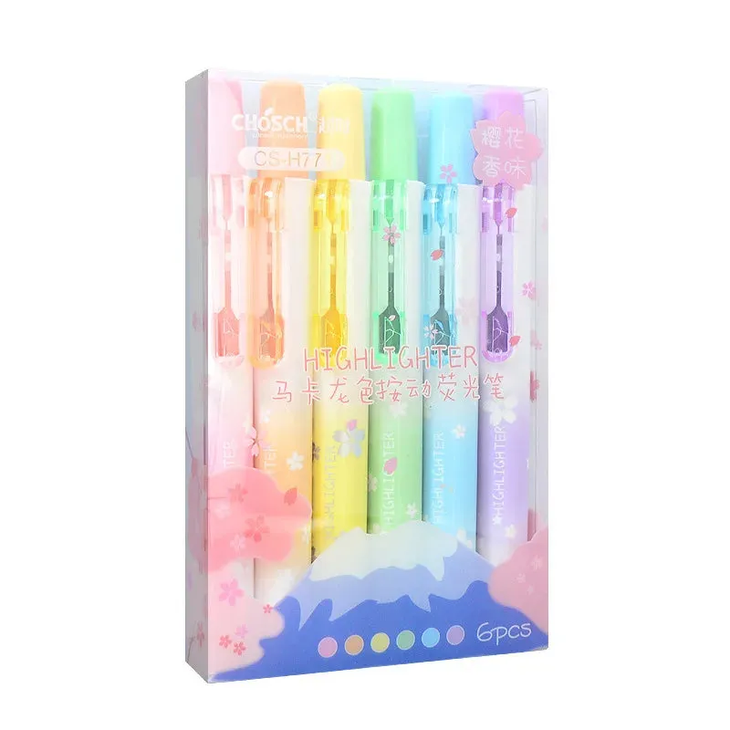6 Pieces Kawaii Retractable Highlighters Macaron Pastel Fluorescent Markers