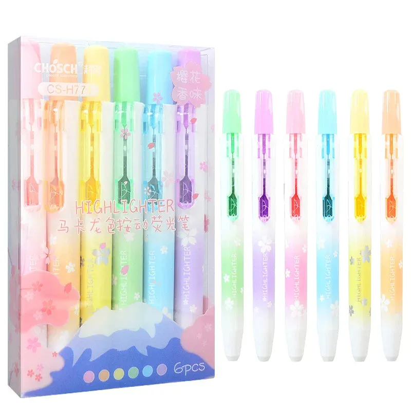 6 Pieces Kawaii Retractable Highlighters Macaron Pastel Fluorescent Markers