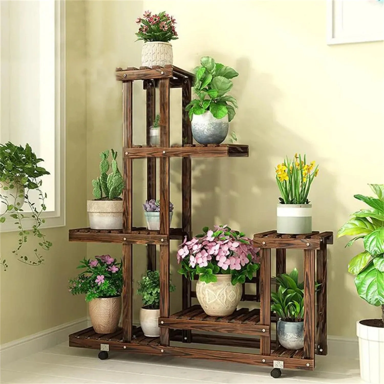 6 Tier Wooden Plant Stand With Wheels