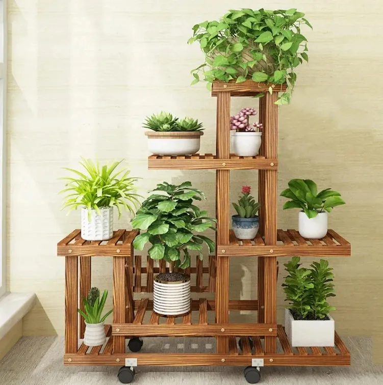 6 Tier Wooden Plant Stand With Wheels