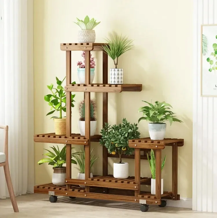 6 Tier Wooden Plant Stand With Wheels
