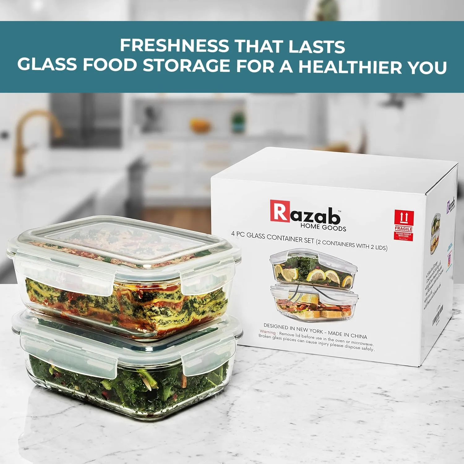 6.5 Cups/ 52 Oz 4 Piece (2 Containers  2 Lids) Glass Food Storage/ Baking Container Set w/Locking Lid - For Storing & Serving BPA Free & Leak Proof - Microwave, Dishwasher, Fridge, Freezer & Oven Safe