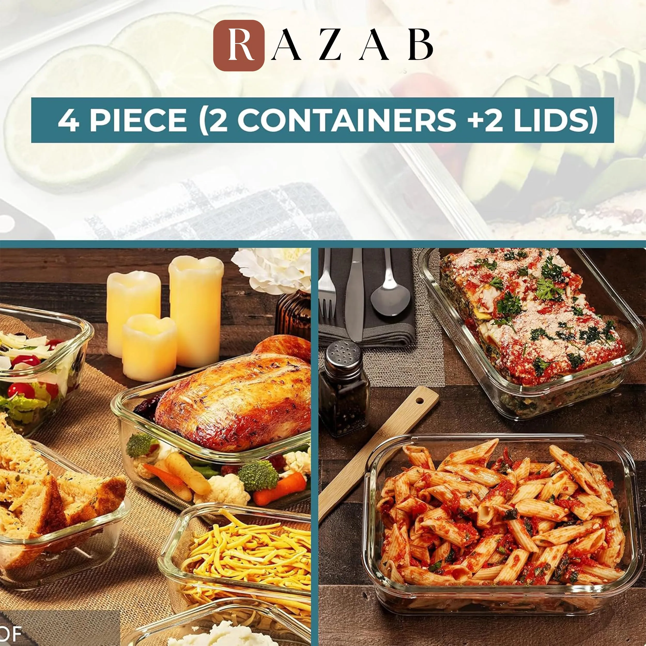 6.5 Cups/ 52 Oz 4 Piece (2 Containers  2 Lids) Glass Food Storage/ Baking Container Set w/Locking Lid - For Storing & Serving BPA Free & Leak Proof - Microwave, Dishwasher, Fridge, Freezer & Oven Safe