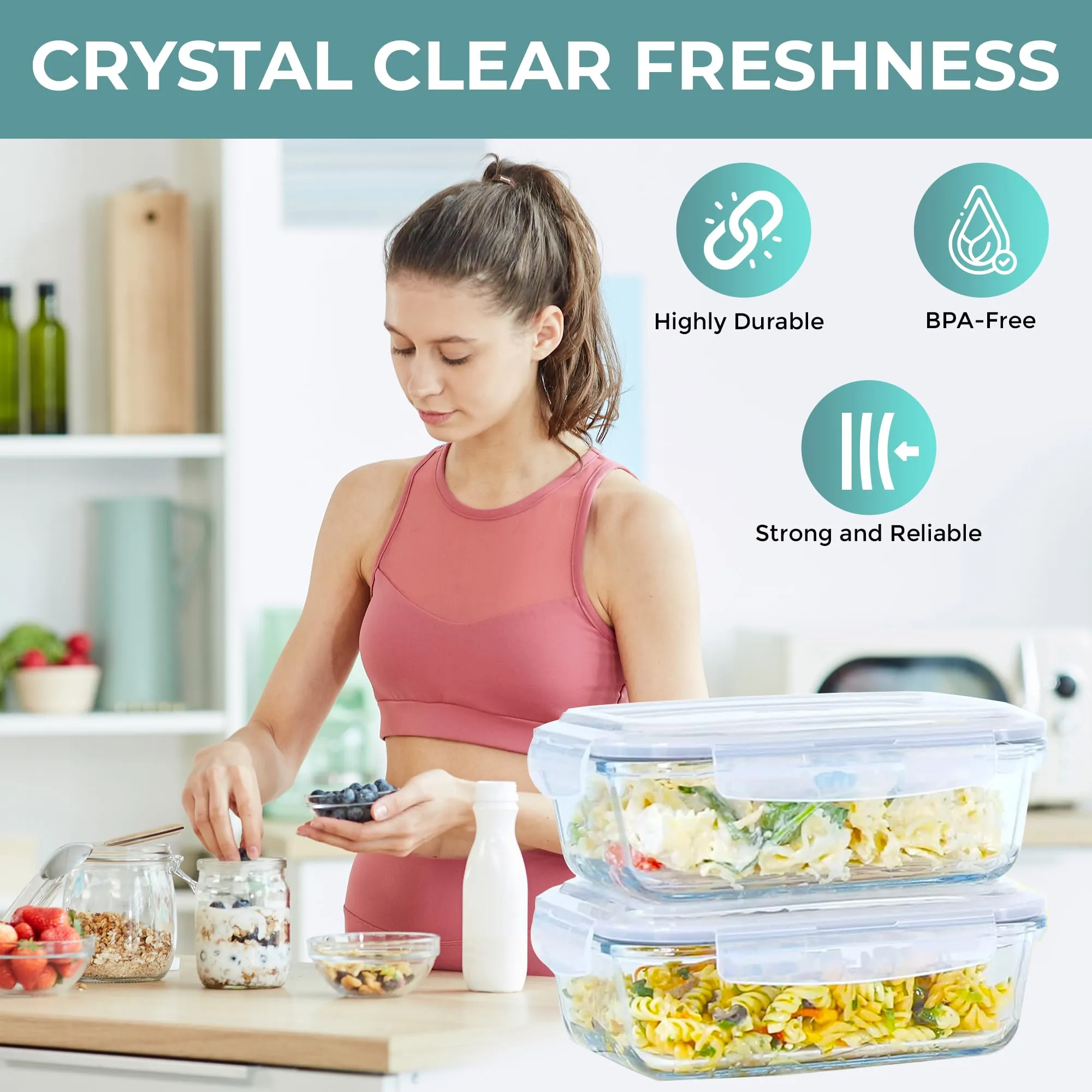 6.5 Cups/ 52 Oz 4 Piece (2 Containers  2 Lids) Glass Food Storage/ Baking Container Set w/Locking Lid - For Storing & Serving BPA Free & Leak Proof - Microwave, Dishwasher, Fridge, Freezer & Oven Safe