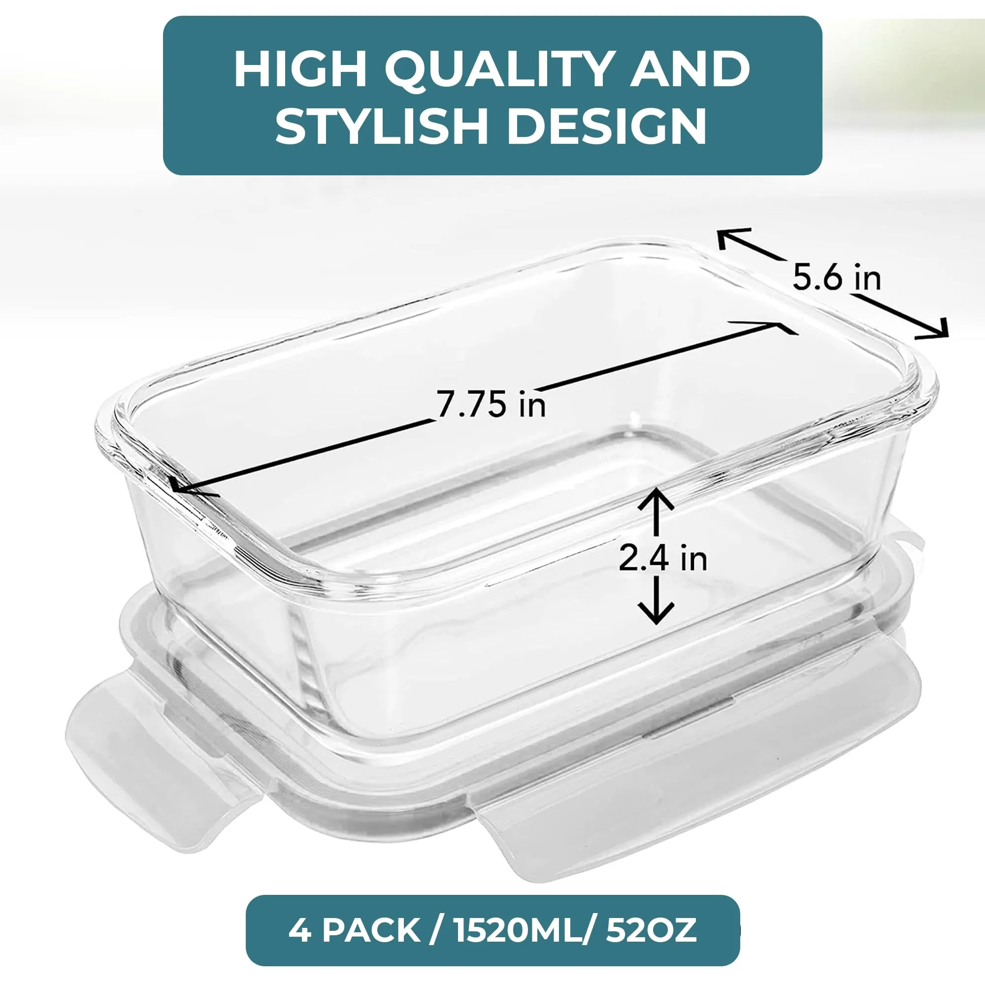 6.5 Cups/ 52 Oz 4 Piece (2 Containers  2 Lids) Glass Food Storage/ Baking Container Set w/Locking Lid - For Storing & Serving BPA Free & Leak Proof - Microwave, Dishwasher, Fridge, Freezer & Oven Safe