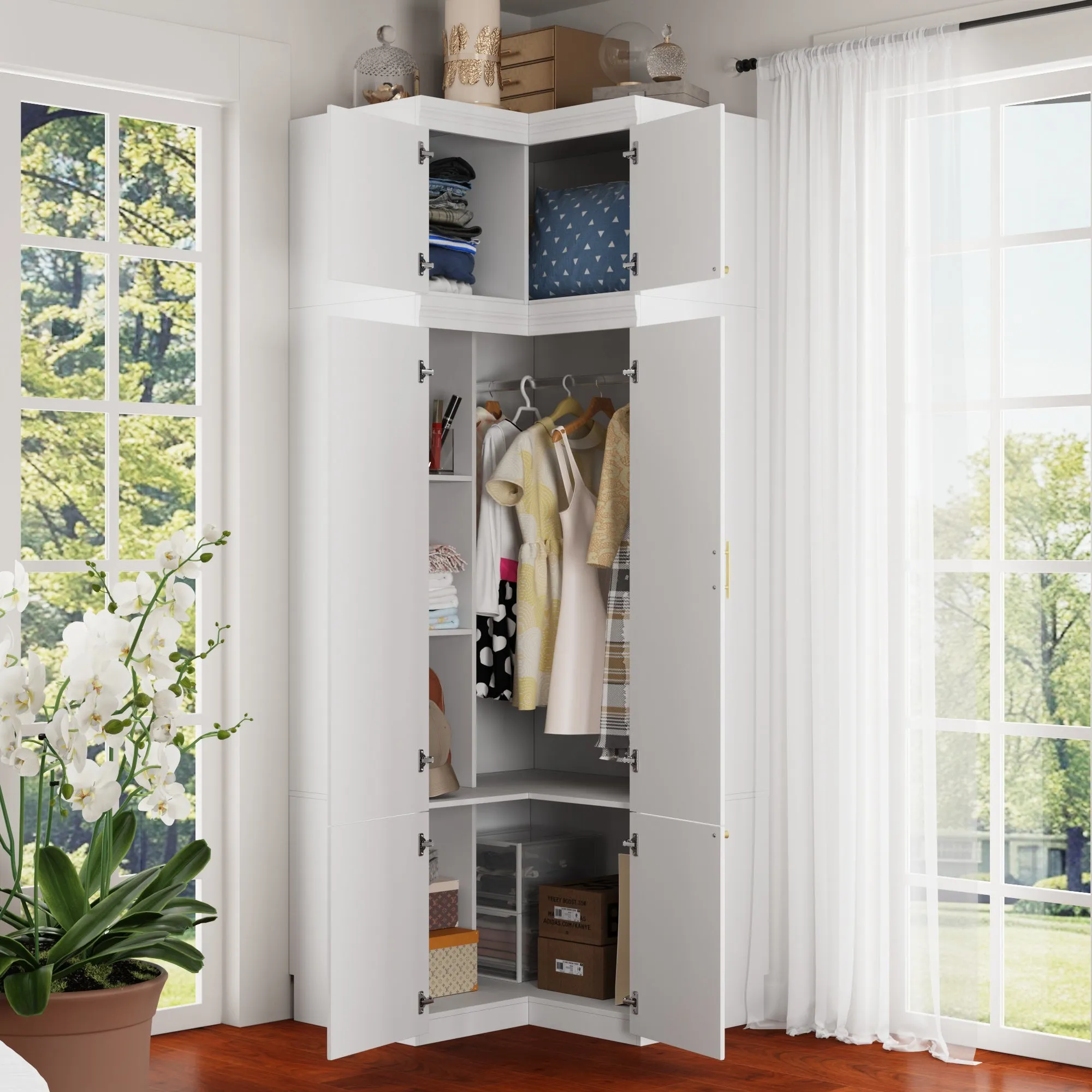93.9" H Corner Armoire Wardrobe Closet with 6 Doors, L-Shape Bedroom Armoire