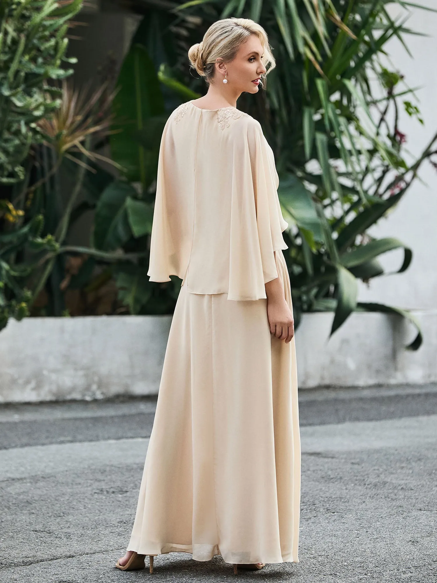 A-line V-neck Flutter Sleeves Dress with Beaded Champagne