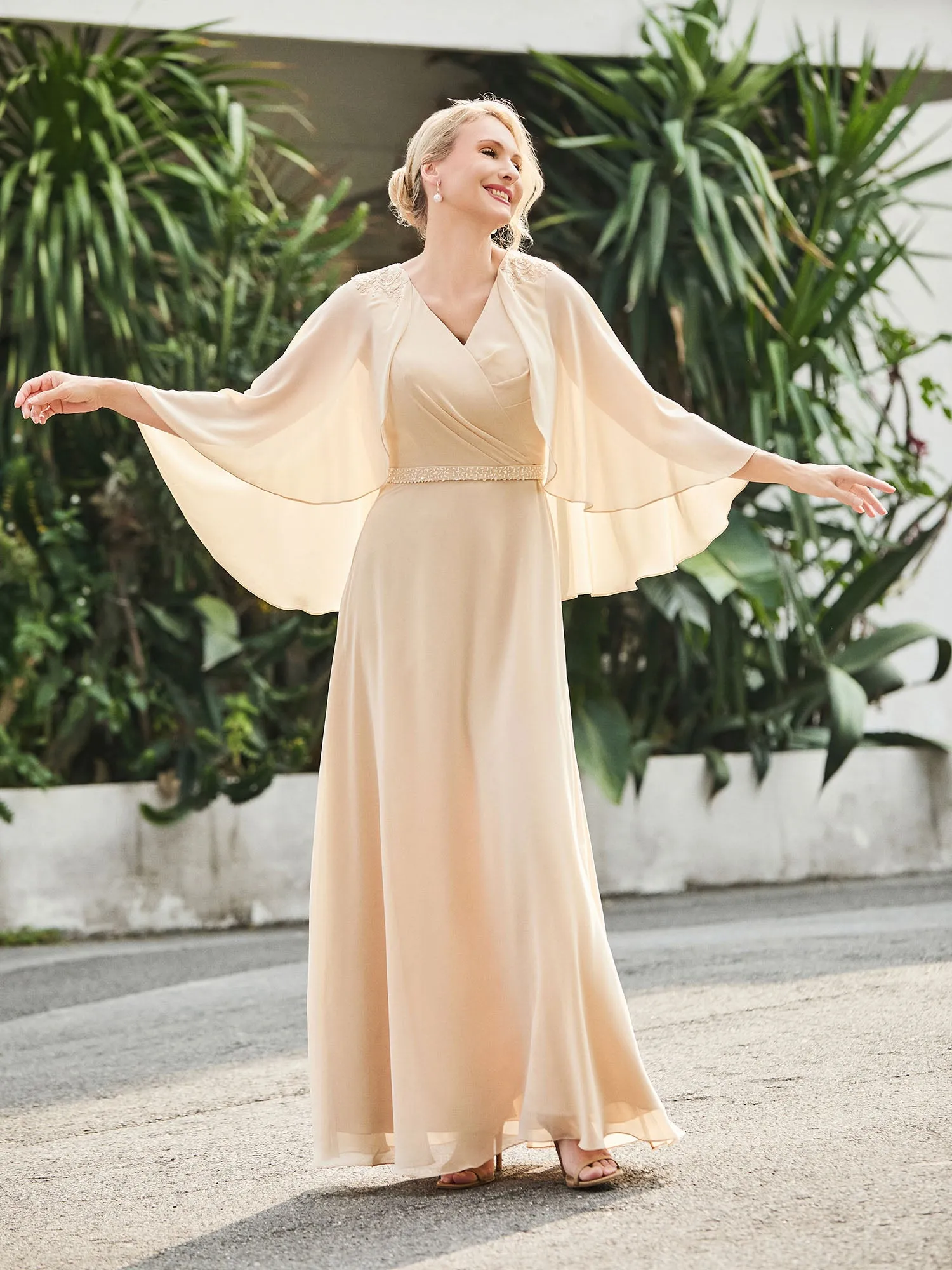 A-line V-neck Flutter Sleeves Dress with Beaded Champagne