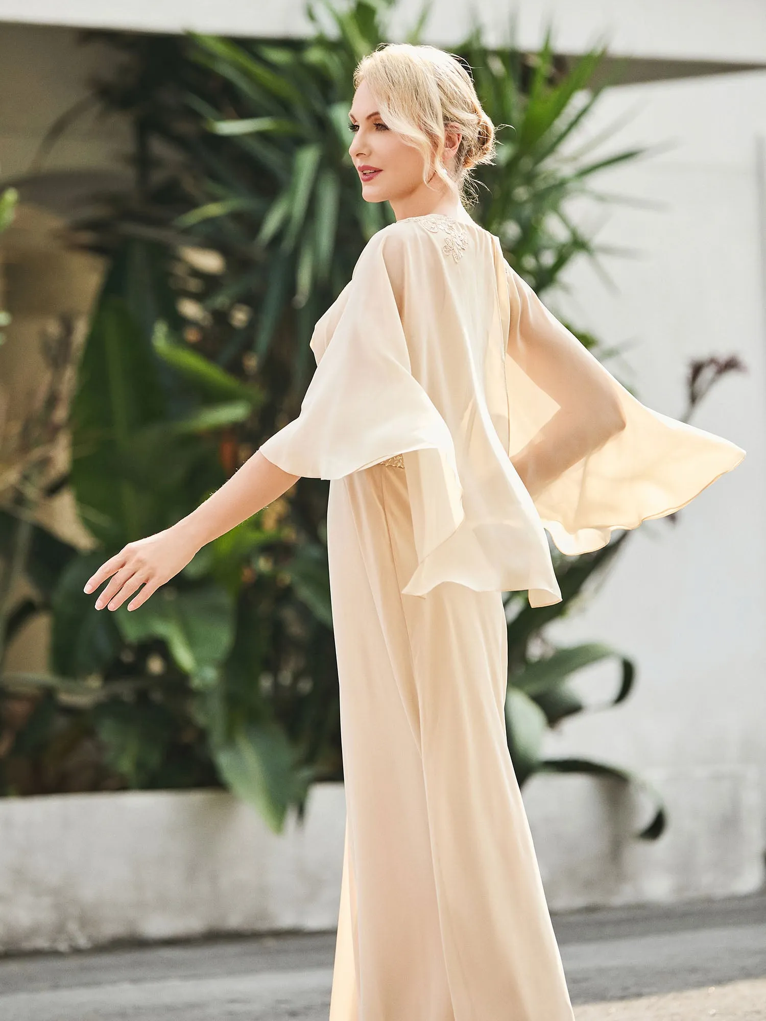 A-line V-neck Flutter Sleeves Dress with Beaded Champagne