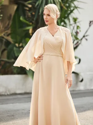 A-line V-neck Flutter Sleeves Dress with Beaded Champagne