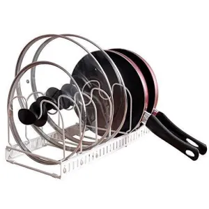 Advutils Expandable Pots and Pans Organizer Rack for Cabinet - Holds 7 Pans & Lids to Keep Cupboards Tidy - Adjustable Bakeware Rack for Kitchen and Pantry