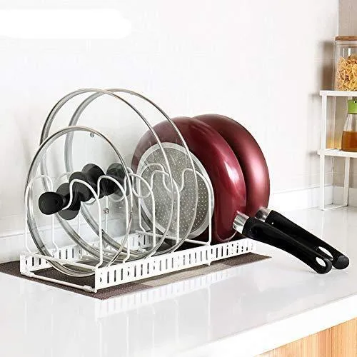 Advutils Expandable Pots and Pans Organizer Rack for Cabinet - Holds 7 Pans & Lids to Keep Cupboards Tidy - Adjustable Bakeware Rack for Kitchen and Pantry