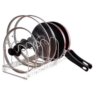 Advutils Expandable Pots and Pans Organizer Rack for Cabinet - Holds 7 Pans & Lids to Keep Cupboards Tidy - Adjustable Bakeware Rack for Kitchen and Pantry