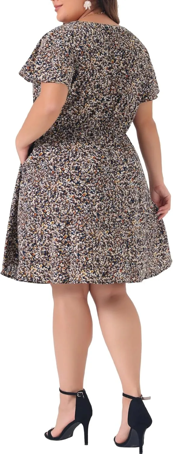 Agnes Orinda Plus Size Dress for Women Boho Floral Notched V Neck Ruffle Sleeve a Line Midi Dresses