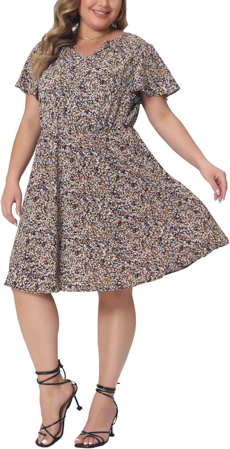 Agnes Orinda Plus Size Dress for Women Boho Floral Notched V Neck Ruffle Sleeve a Line Midi Dresses
